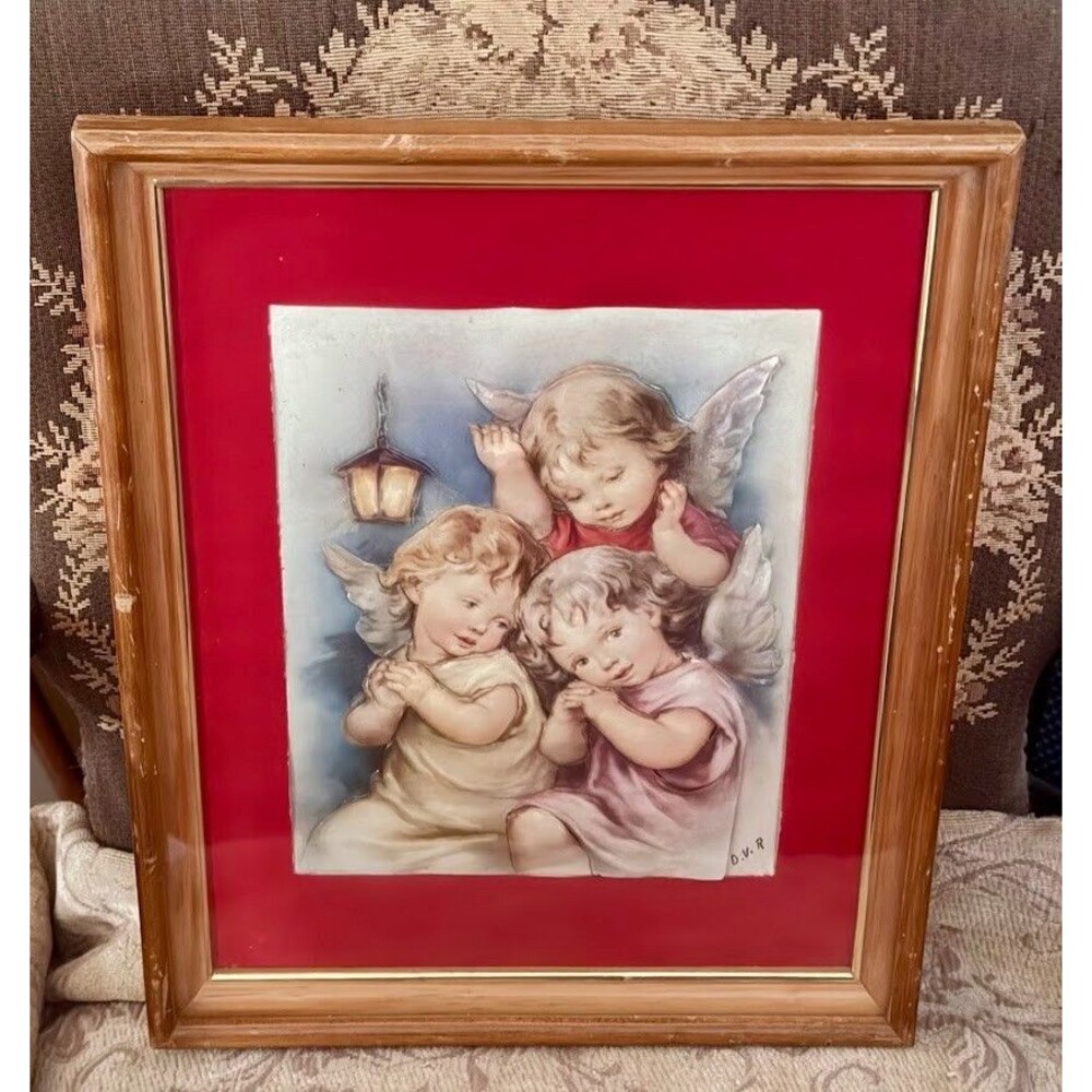 Vintage 3D Cherub Angel Wall Relief MCM Wood Double Framed Matted Signed D.V.R.